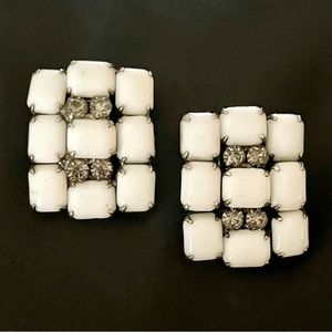 Vintage JULIANA Large White Milk Glass Rectangle Cabochon Rhinestone Earrings